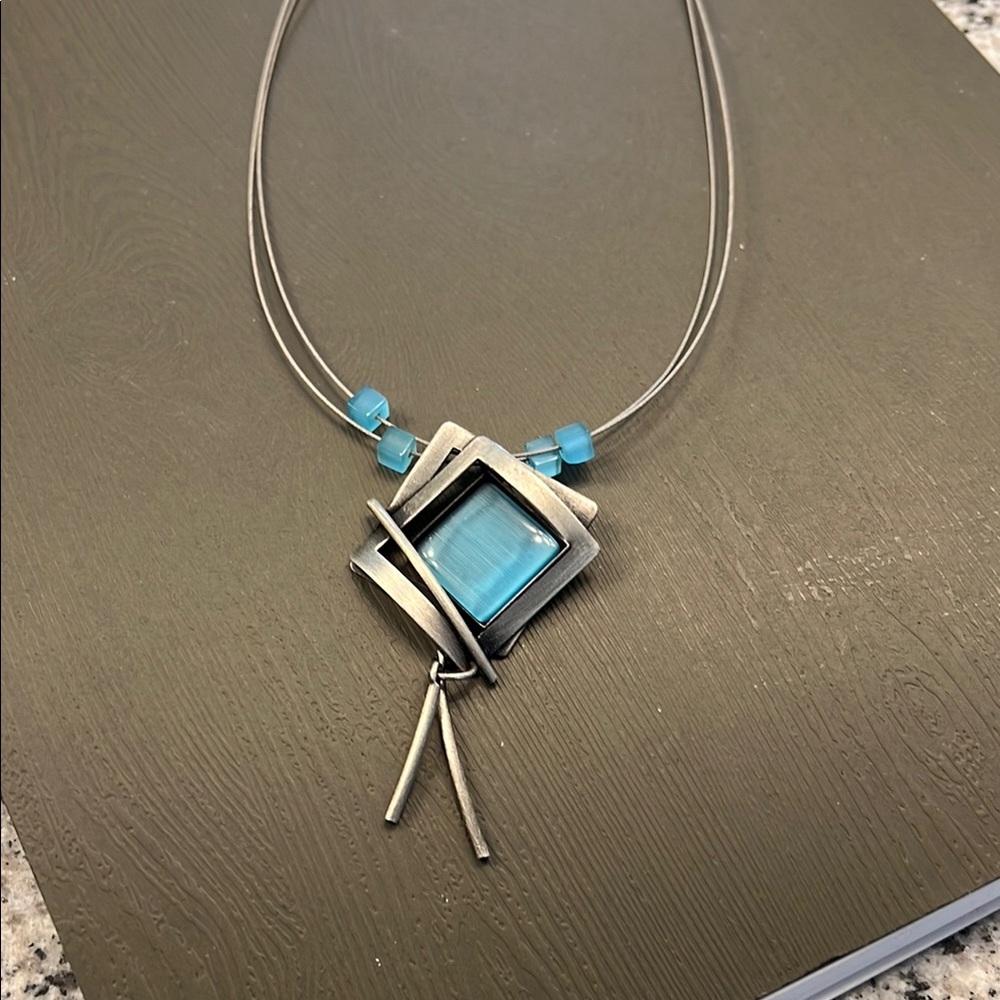 Silver and Blue Geometric Pendant Necklace